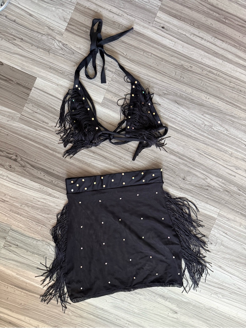 Fringe and rhinestone skirt and top set
